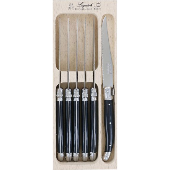 Laguiole Andre Verdier Debutant 6 Piece Steak Knife Set, Black, Made In France