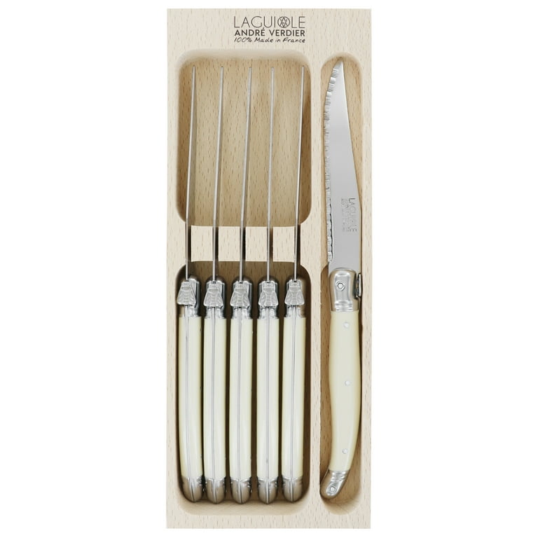 Jean-Patrique Non-Stick Steak Knife 6 Piece Set | Steel Blades Protector Free Perspex Clear Knives Block