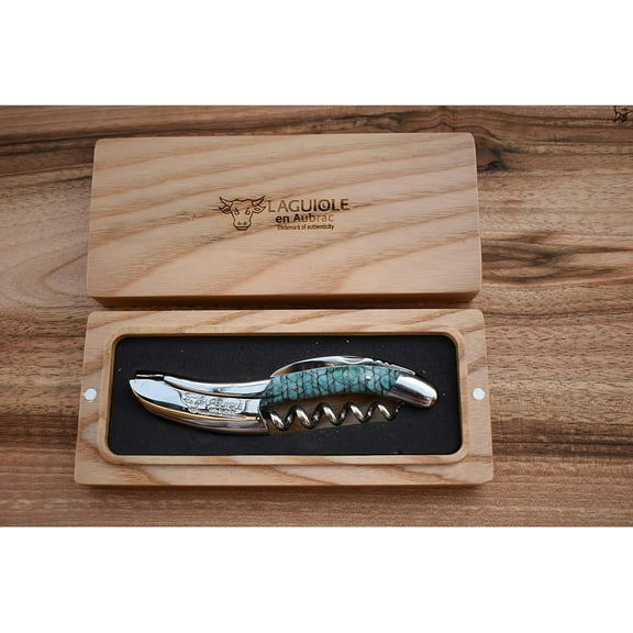 Laguiole En Aubrac Polished Sommelier Waiter's Corkscrew, Turquoise & Black Paper Waves Handle, Wine Opener With Foil Cutter & Bottle Opener