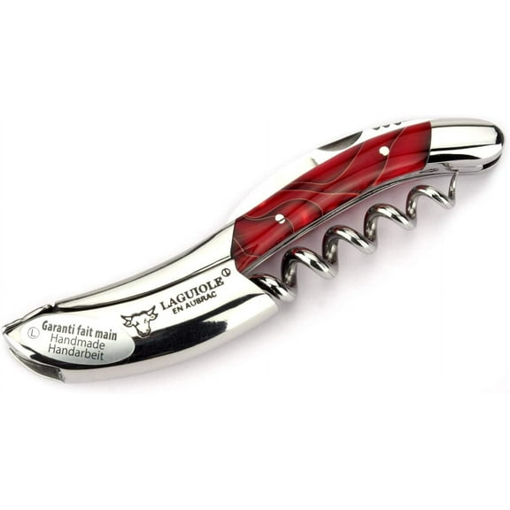 Laguiole En Aubrac Sommelier Waiter's Corkscrew, Marshmallow Red Handle, Wine Opener With Foil Cutter & Bottle Opener, Shiny Stainless Steel Bolster