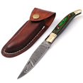 thumbnail image 1 of Laguiole Folding Damascus steel knife, 8.6" Long with 4.1" hand forged custom twist pattern Blade. 2 Tone Green wood scale with brass bolster. Cow hide leather sheath included, 1 of 1