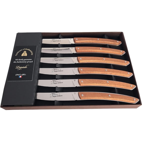 Laguiole Made in France Le Theirs Premium Straight Edge Sharp Full Tang Stainless Steel 6-Piece Steak Knife Set, Bubinga Wood Handles by Roger Orfevre