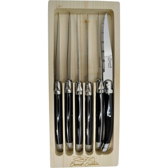 Laguiole Serrated Edge Sharp Premium Dishwasher Safe Full Tang Stainless Steel 6-Piece Steak Knife Set, Elegant Black Handle by Clermont Coutellerie