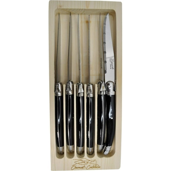Laguiole Serrated Edge Sharp Premium Dishwasher Safe Full Tang Stainless Steel 6-Piece Steak Knife Set, Elegant Black Handle by Clermont Coutellerie