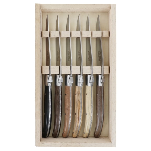 Laguiole Steak Knives "Essentiel" 6pc Set Plain Edge Satin Finish, Satin Bolster Wood Handles By Andre Verdier