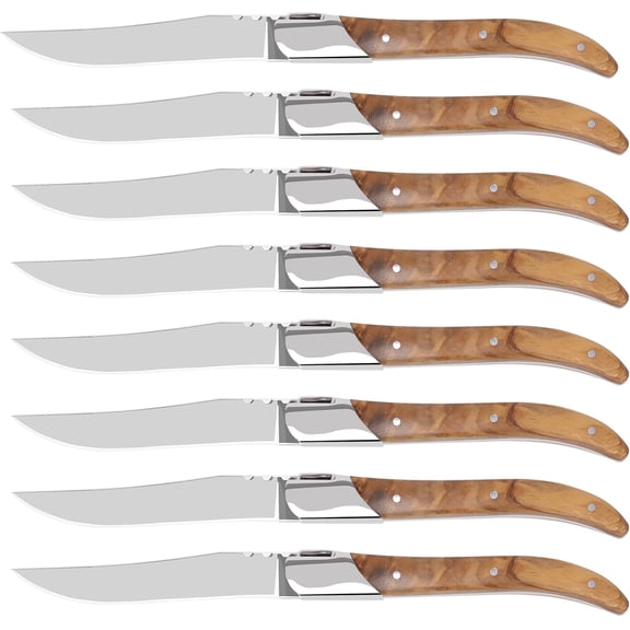 Laguiole Style Steak Knife Set of 8, Non-serrated with Olive Wood Handle, Sharp Stainless Steel Knives Gift Box, Dinner Cutlery for Home Party
