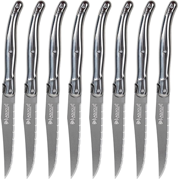 Laguiole Style Steak Knives Set of 8, Serrated Stainless Steel Knife Set, Elegant French Design, Dishwasher Safe, Gift Box for Dinner & BBQ (sliver-8)
