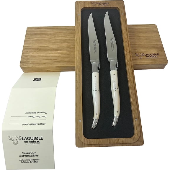 Laguiole en Aubrac Luxury Fully Forged Full Tang Stainless Steel Steak Knives 2-Piece Set,Zebu Bone Handles, Shiny Stainless Steel Bolsters