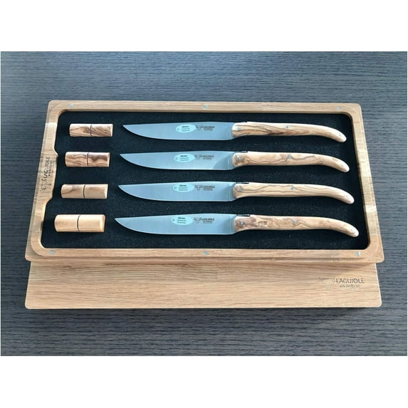 Laguiole en Aubrac Luxury Fully Forged Full Tang Stainless Steel Steak Knives 4-Piece Steak House Set with Olive Wood Handles