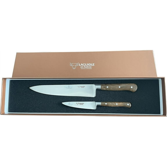 Laguiole en Aubrac Professional Stainless Fully Forged Steel Made In France Essential 2-Piece Premium Kitchen Knife Set With Teak Wood Handles