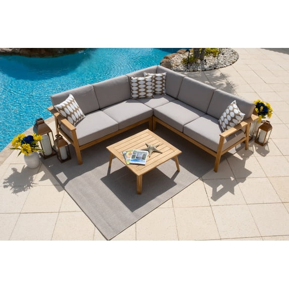 Laguna 4-Piece Teak Wood Outdoor Patio Conversation Sectional Set w/3-Piece Sectional and Coffee Table