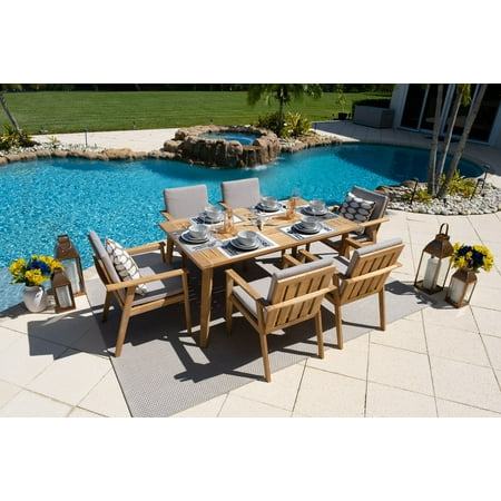 Laguna 7-Piece Teak Wood Outdoor Patio Furniture Dining Set w/ Dining Table and 6 Dining Armchairs