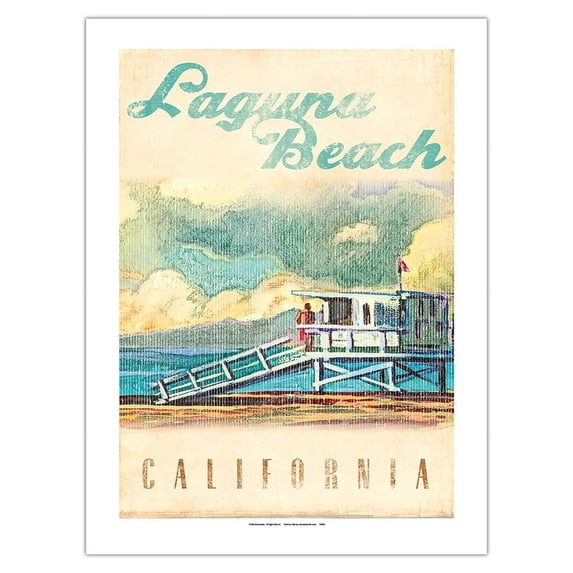 Laguna Beach California - Lifeguard Tower - Vintage Travel Poster by Wade Koniakowsky - Bamboo Fine Art 290gsm Paper Print (Unframed) 18x24in