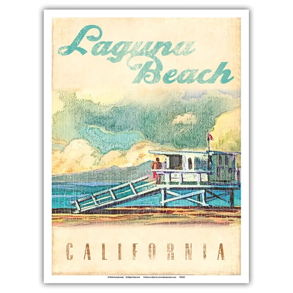 Laguna Beach California - Lifeguard Tower - Vintage Travel Poster by Wade Koniakowsky - Master Art Print (Unframed) 9in x 12in