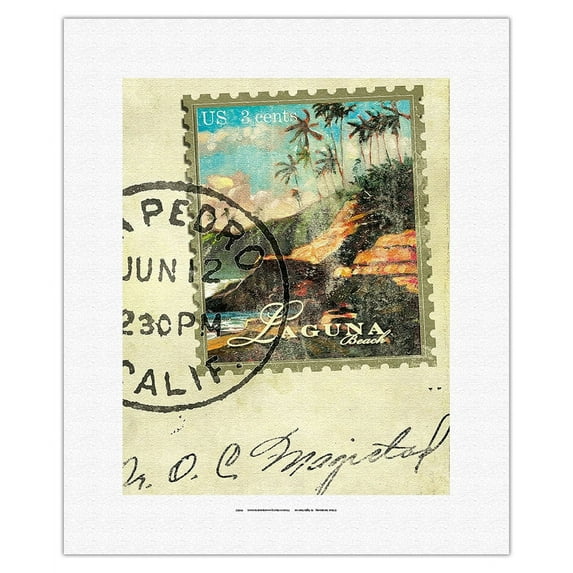 Laguna Beach California - Postage Stamp - Original Collage Art by Wade Koniakowsky - Fine Art Rolled Canvas Print 11in x 14in