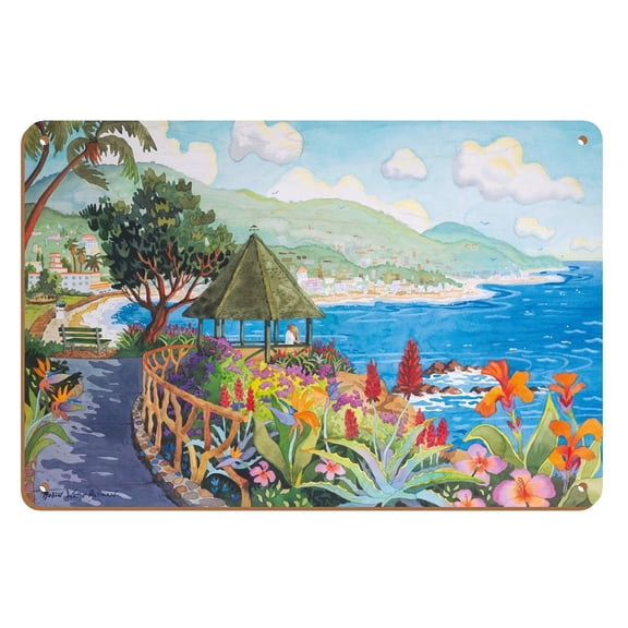 Laguna Beach Gazebo and Flowers - Heisler Park California - Seaside Beach Ocean View - From an Original Watercolor Painting by Robin Wethe Altman - 8 x 12 inch Vintage Wood Art Sign