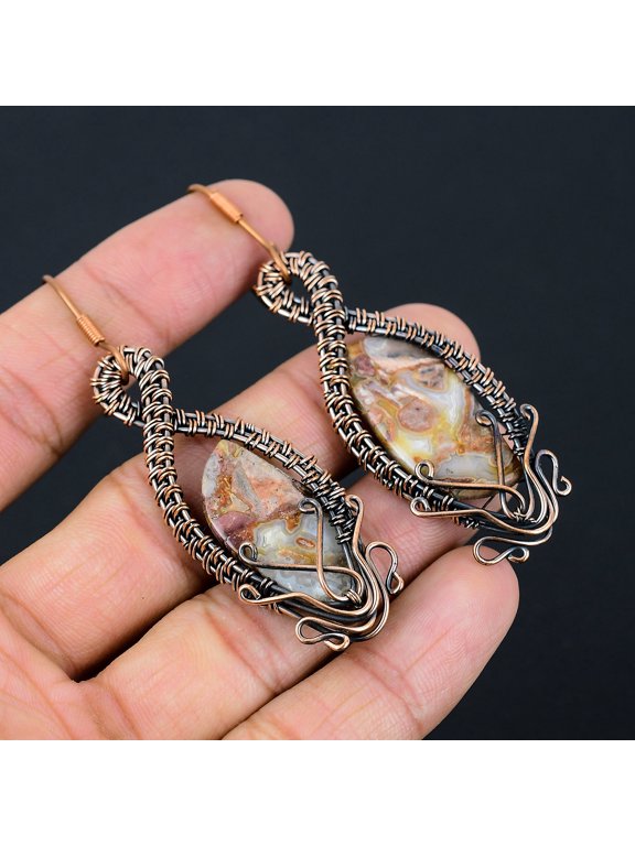 Laguna Lace Agate Gemstone Handmade Copper Wire Wrap Jewelry Earring 3.07"