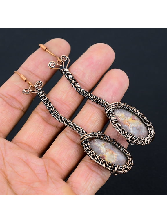 Laguna Lace Agate Gemstone Handmade Copper Wire Wrap Jewelry Earring 3.86"