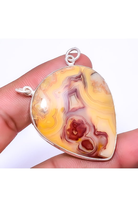 Laguna Lace Agate - Mexico 925 Sterling Silver Pendant 1.95"|Handmade Pendant, Gift for her, Red Pendant, Gemstone Silver Jewelry