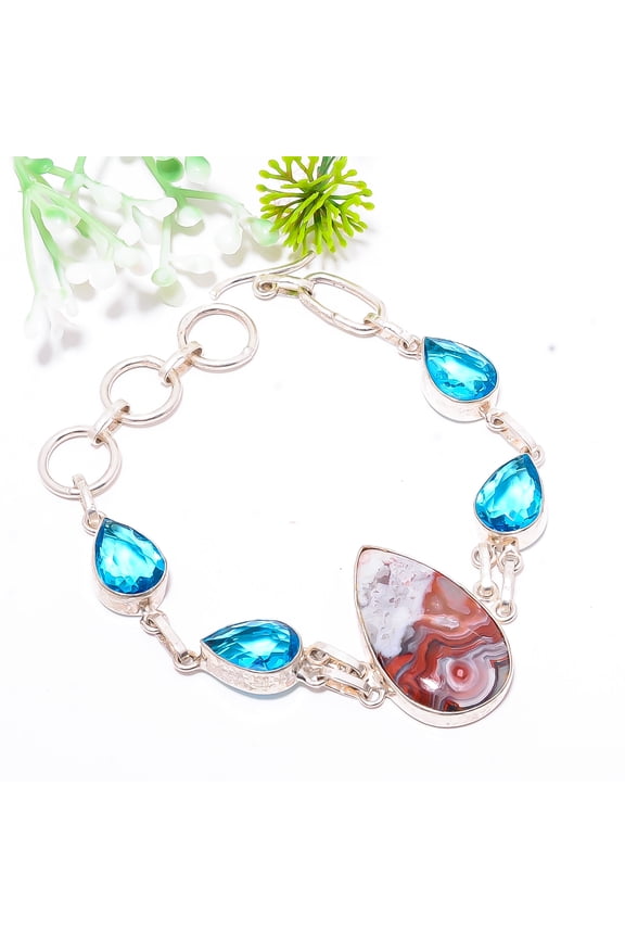 Laguna Lace Agate - Mexico & Blue Topaz 925 Sterling Silver Bracelet 7.99" B24