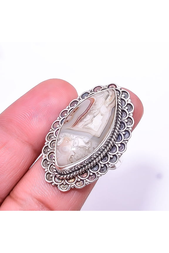 Laguna Lace Agate - Mexico Fine Art Oxidised 925 Sterling Silver Ring S.8.5 R18, Christmas Sale, Birthday Gift, Beautiful Jewelry For Woman