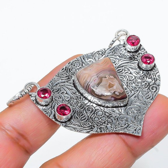 Laguna Lace Agate, Rubillite 925 Sterling Silver Jewelry 1.97"