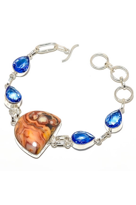Laguna Lace Agate & Tanzanite Quartz 925 Sterling Silver Bracelet 7-7.99" TB0-86, Gemstone Jewelry, Birthday Gift, Beautiful Jewelry For Woman & Girls