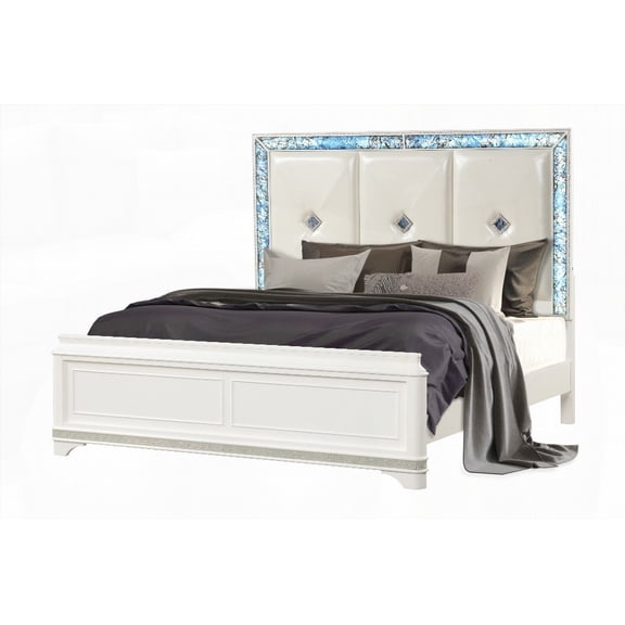 Modern White Laguna Queen Bed Featuring Wood Construction, Blue Marble Details and LED Illumination