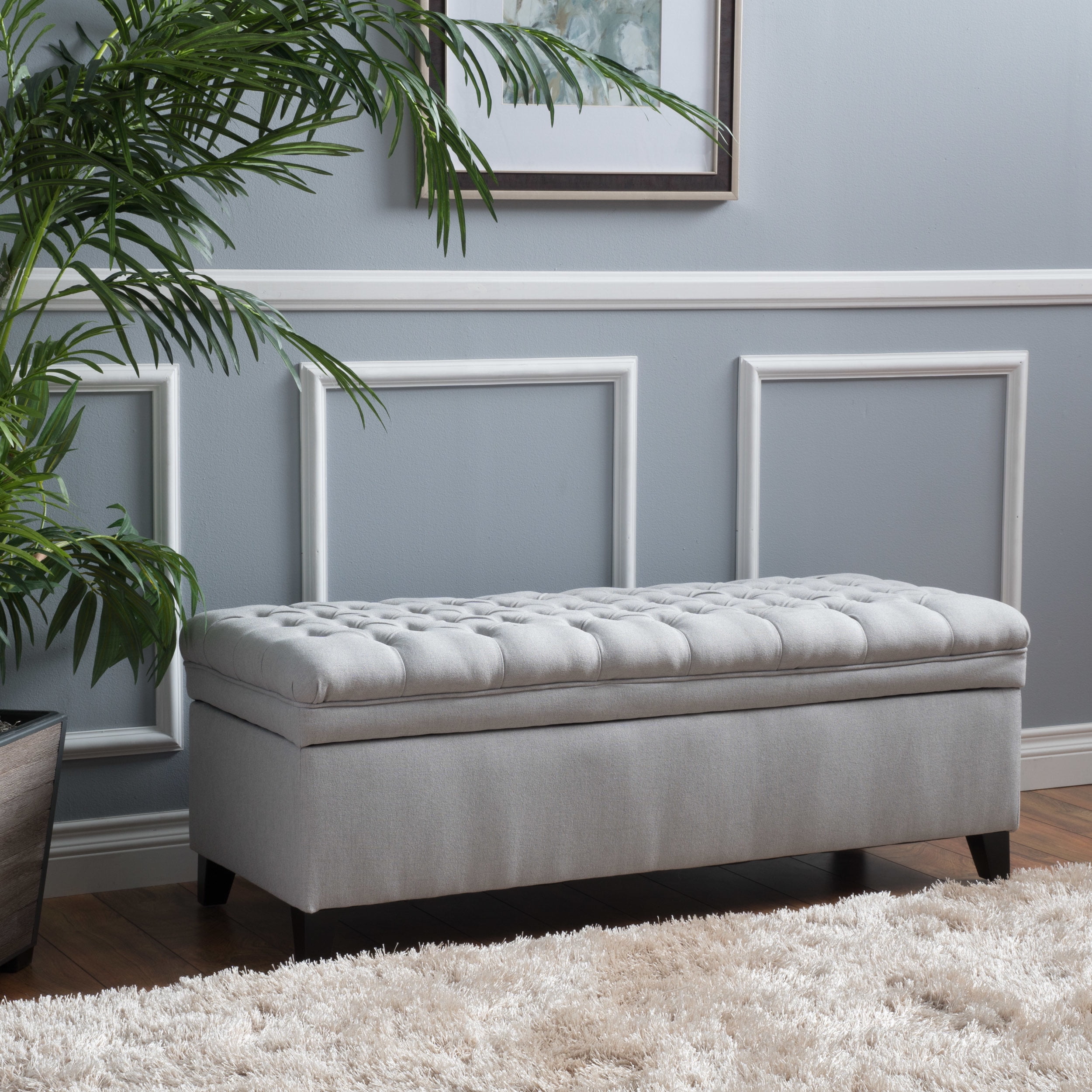 Light Gray Tufted Fabric Storage Ottoman with Engineered Wood Legs