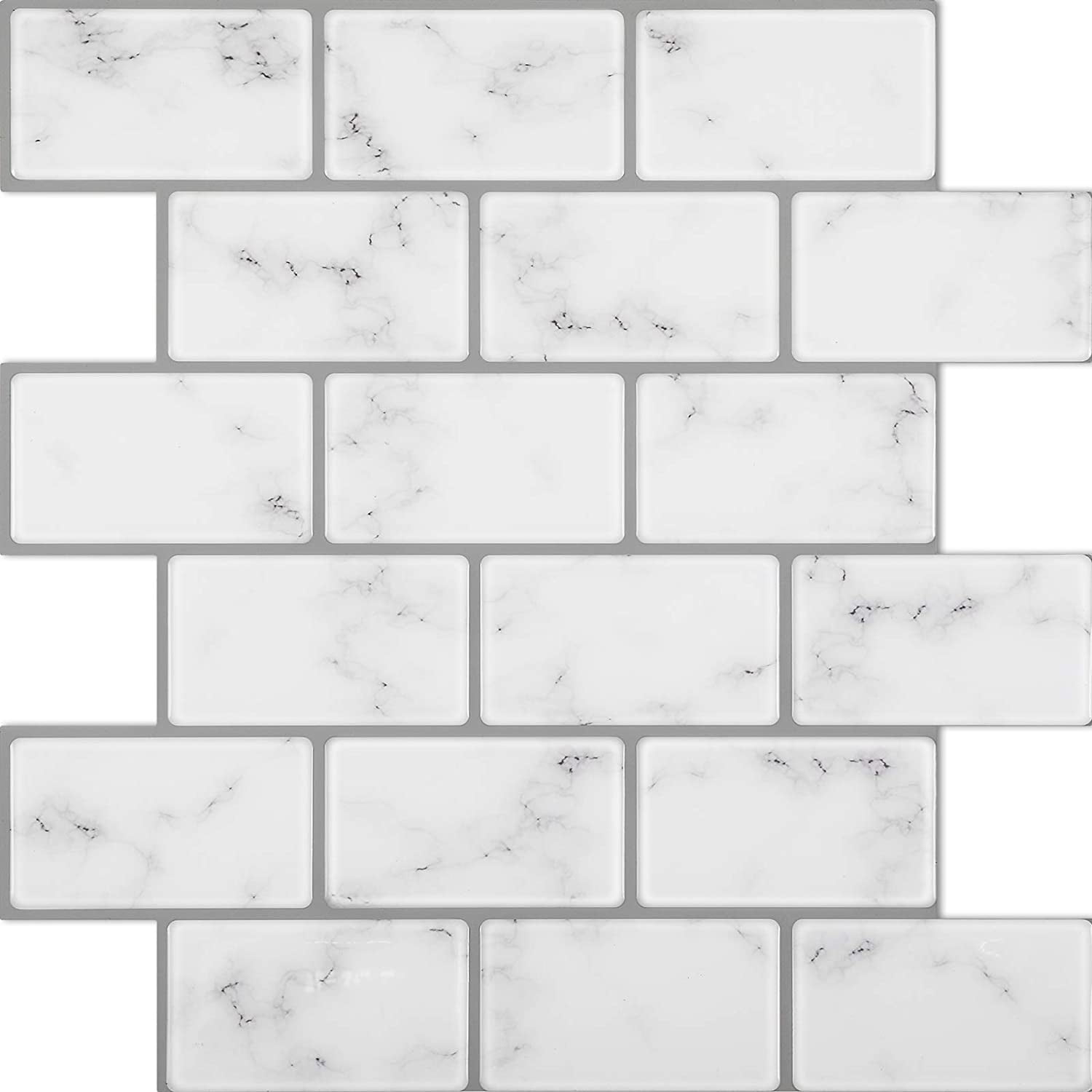 Lagute 5-Sheet 12" x 12" Thicker Design Stick on Backsplash Tiles, Peel and Stick Wall Tiles, Marble White Subway Tile with Grey Grout for Kitchen and Bathroom 5 Piece Marble White Subway