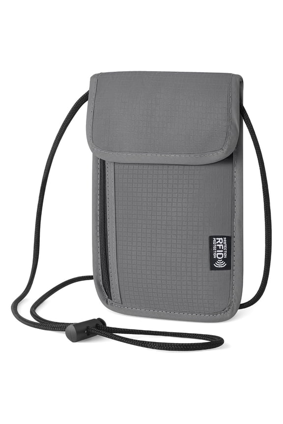 Gray RFID Blocking Neck Wallet, Travel Passport Holder with Adjustable Lanyard & Zipper Pocket for Men & Women