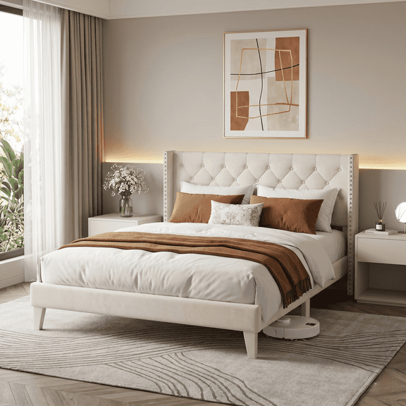 Lahking Beige Full Size Bed Frame with Wingback Diamond Tufted Headboard and Smart LED Lights, Noise-Free Upholstered Platform Bed, No Box Spring Needed