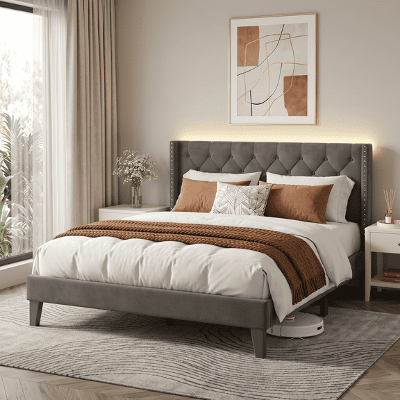 Lahking Dark Grey Full Size Bed Frame with Wingback Diamond Tufted Headboard and Smart LED Lights, Noise-Free Upholstered Platform Bed, No Box Spring Needed