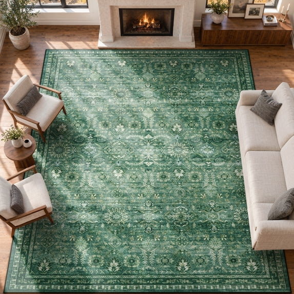 Lahome 10'x14' Vintage Floral Area Rug, Washable Rugs for Living Room, Soft Non-Slip Low-Pile Stain Resistant Non-Shedding Carpet for Bedroom Dining Room Office, Large Boho Rug, Dark Green