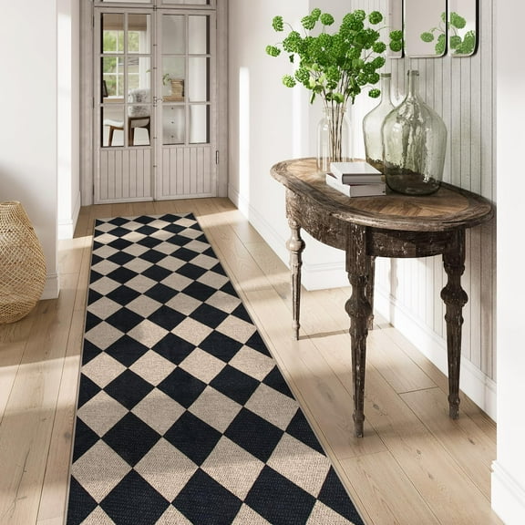 Lahome 2'5''x8' Checkered Easy Jute Runner Rug,Outdoor Patio Rug Washable Rugs for Entryway Checkerboard Indoor Outdoor Living Room Classroom Rugs,Farmhouse Neutral Non Slip Black Carpet for Bedroom