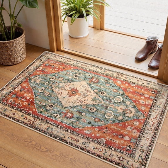 Lahome 2'x3' Area Rugs for Living Room,Machine Washable Rugs,Low Pile Non Slip Vintage Floral Print Rug Carpet for Entryway,Hallway,Kitchen,Home Decor,Geometric Tribal