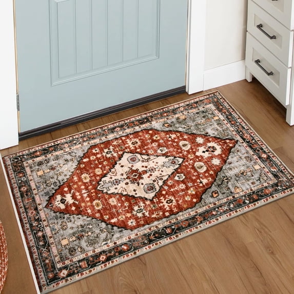 Lahome 2'x3' Area Rugs for Living Room,Machine Washable Rugs,Low Pile Non Slip Vintage Floral Print Rug Carpet for Entryway,Hallway,Kitchen,Home Decor,Red
