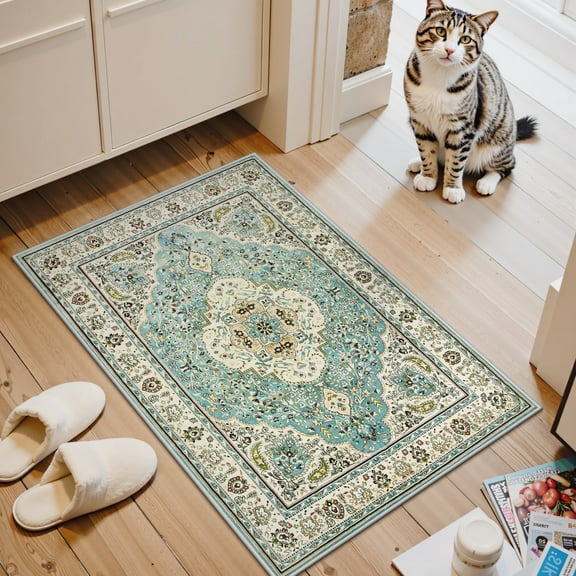 Lahome 2'x3' Area Rugs for Living Room,Machine Washable Rugs,Low Pile Non Slip Vintage Floral Print Rug Carpet for Entryway,Hallway,Kitchen,Home Decor,Sky Blue