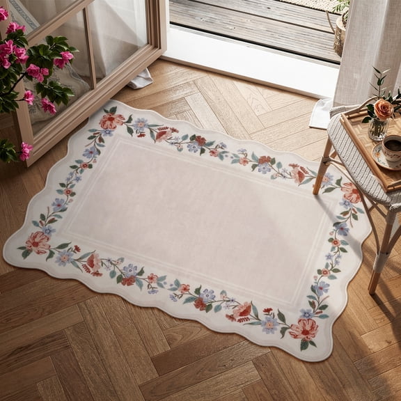Lahome 2'x3' Boho Floral Washable Small Rug, Ultra-Thin Scalloped Rug, Non-Slip & Stain Resistant, Soft Low-Pile Mat for Kitchen, Bathroom, Bedroom Front Door Indoor Entrance (2x3ft, Beige)