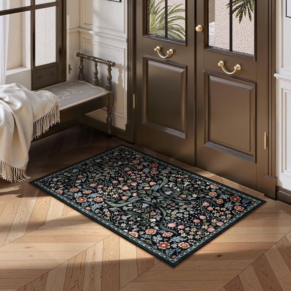 Lahome 2'x3' Entryway Floral Rug, Washable Kitchen Rugs Non Slip Front Door Mat for Indoor Entrance, Boho Ultra Thin Small Rug Soft Botanical Throw Carpet for Bathroom Bedroom, Black