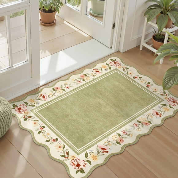 Lahome 2'x3' Boho Floral Washable Small Rug,Ultra-Thin Scalloped Rug, Non-Slip & Stain Resistant,Soft Low-Pile Mat for Kitchen, Bathroom, Bedroom Front Door Indoor Entrance (2x3ft,Green)
