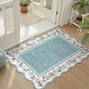 Lahome 2'x3' Boho Floral Washable Small Rug,Ultra-Thin Scalloped Rug, Non-Slip & Stain Resistant,Soft Low-Pile Mat for Kitchen, Bathroom, Bedroom Front Door Indoor Entrance (2x3ft,Blue)