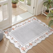 Lahome 2'x3' Grey Boho Floral Washable Small Rug,Ultra-Thin Scalloped Rug, Non-Slip & Stain Resistant,Soft Low-Pile Mat 