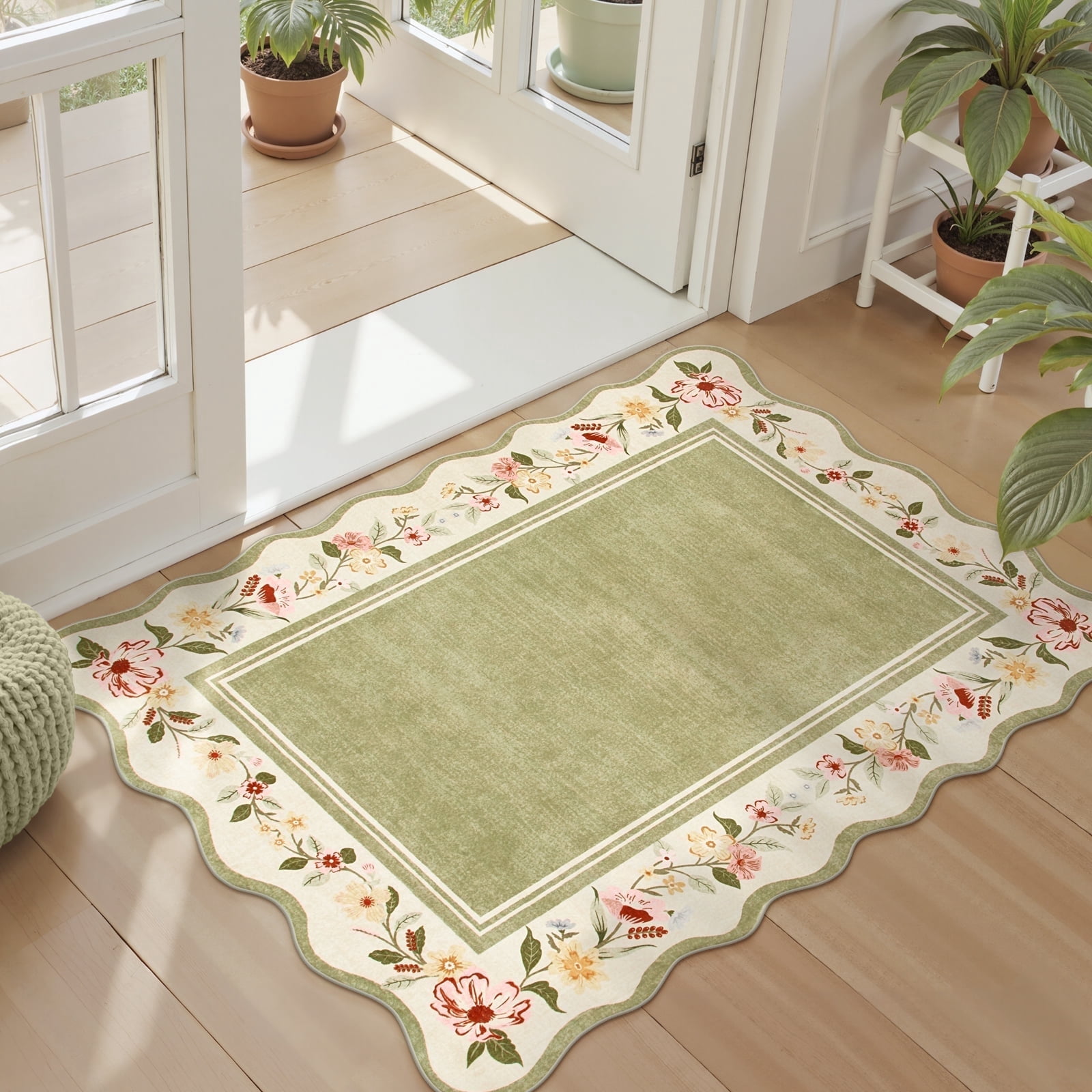 Lahome 2'x3' Boho Floral Washable Small Rug,Ultra-Thin Scalloped Rug ...