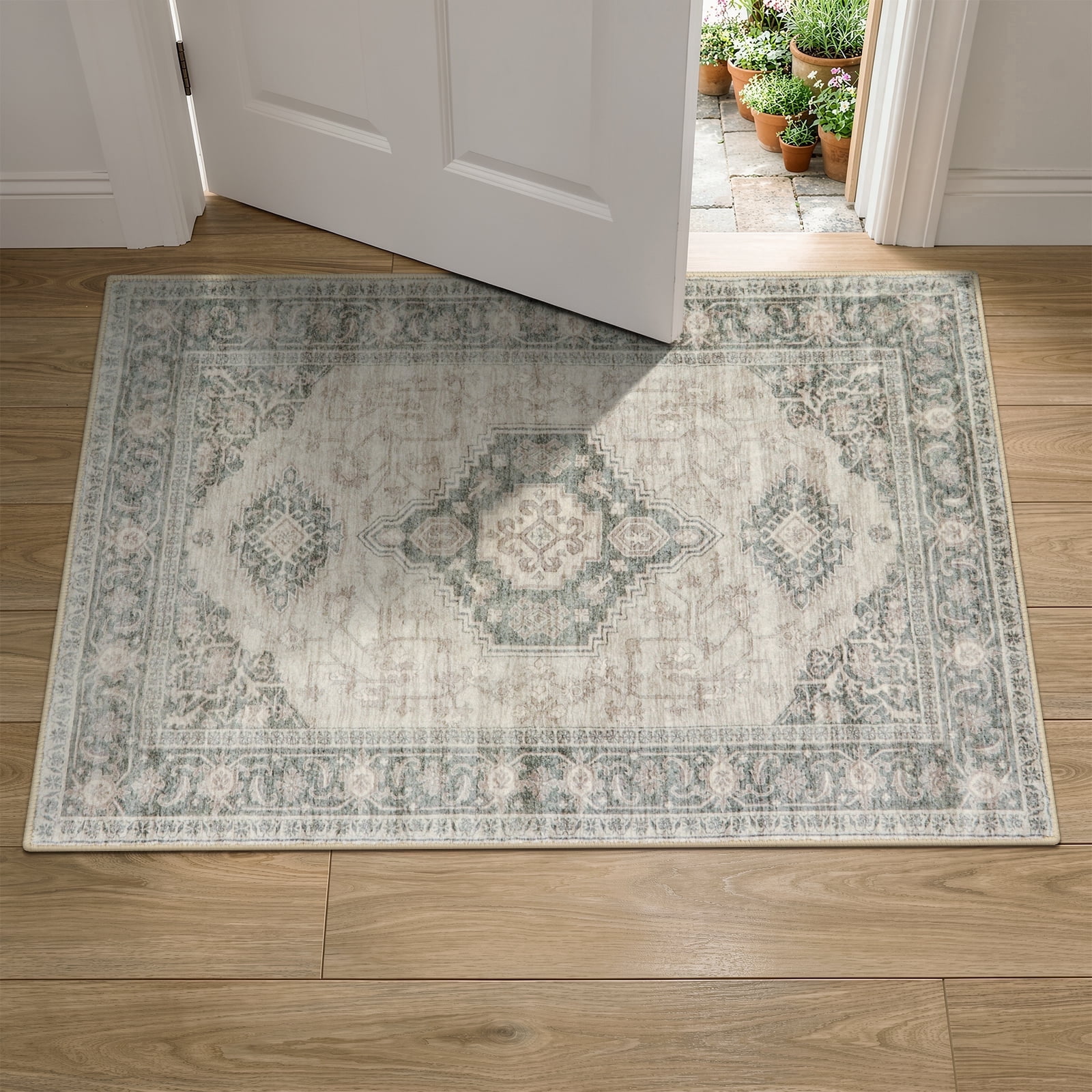 Lahome 2'x3'Washable Vintage Boho Area Rug,Non-Slip, Soft Ultra-Thin Low-Pile Mat for Kitchen, Bathroom,Bedroom Entrance,Ideal Foyer Decor, Grey/Brown