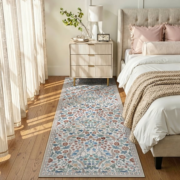 Lahome 2'x6' Floral Hallway Runner Rug, 2x6 Kitchen Runner Rug Non Skid Washable, Boho Soft Bathroom Carpet Runner Rug, Ultra Thin Botanical Runners for Laundry Bedroom, Beige