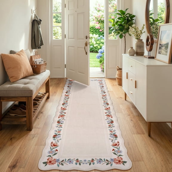 Lahome 2'x6' Scalloped Boho Floral Hallway Runner Rug 2x6ft Non-Slip, Washable Low-Pile, Soft Microfiber Carpet for Entryway Kitchen Laundry Bedroom, Beige