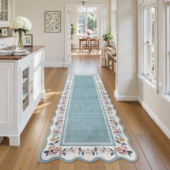 Lahome 2'x6' Scalloped Boho Floral Hallway Runner Rug 2x6ft Non-Slip, Washable Low-Pile,Soft Microfiber Carpet for Entryway Kitchen Laundry Bedroom,Blue