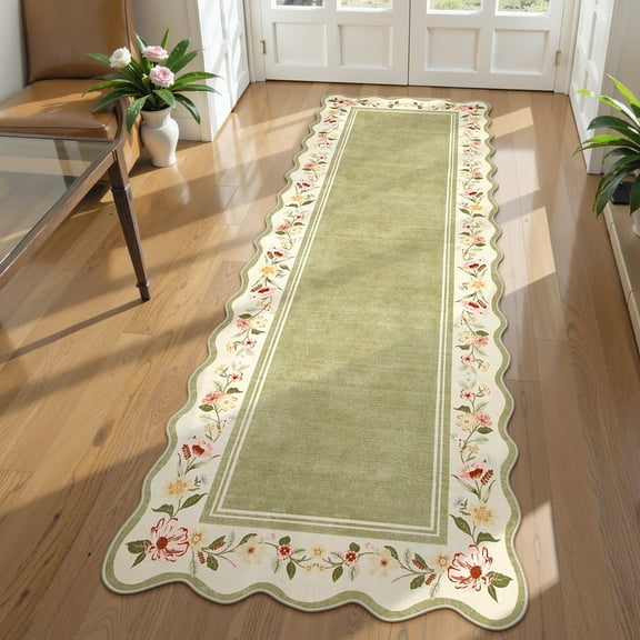 Lahome 2'x6' Scalloped Boho Floral Hallway Runner Rug 2x6ft Non-Slip, Washable Low-Pile,Soft Microfiber Carpet for Entryway Kitchen Laundry Bedroom,Green