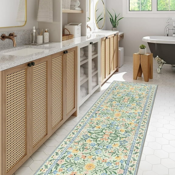 Lahome 2'x6' Washable Runner Rug for Living Room with Non Slip Backing,Traditional Boho Hallway Runner Rug,Low Pile Lightweight Carpet,Floral Print Mat,Better Home,Washable Machine,Green